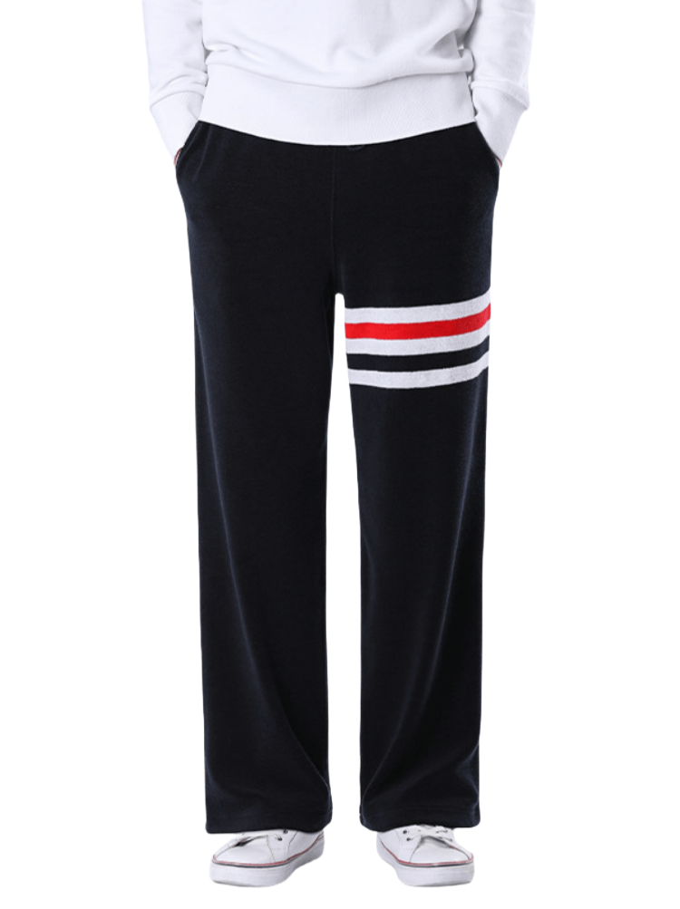 Thom Browne Style Unisex Straight-Leg Trousers with Signature Four-Bar Detail