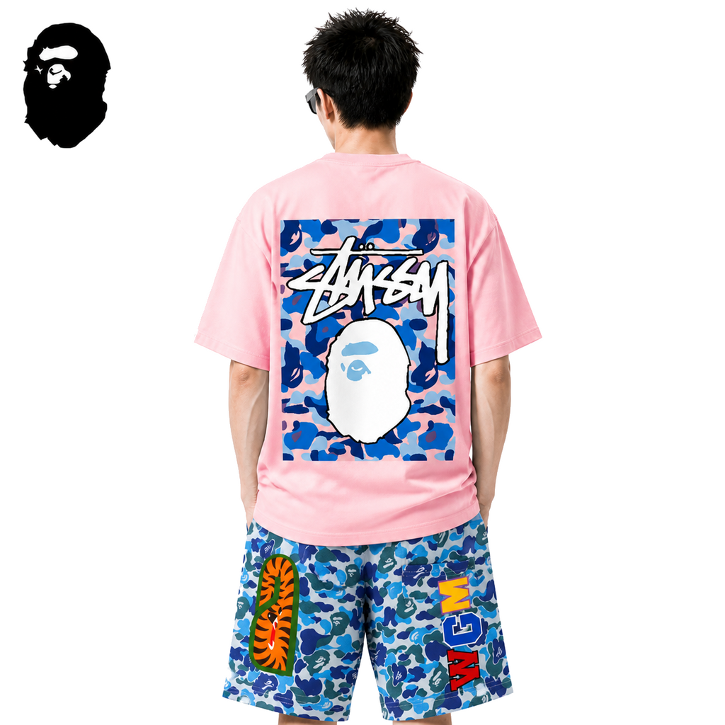BAPE x Stussy Blue Camo Back Print Men's T-Shirt - Pink