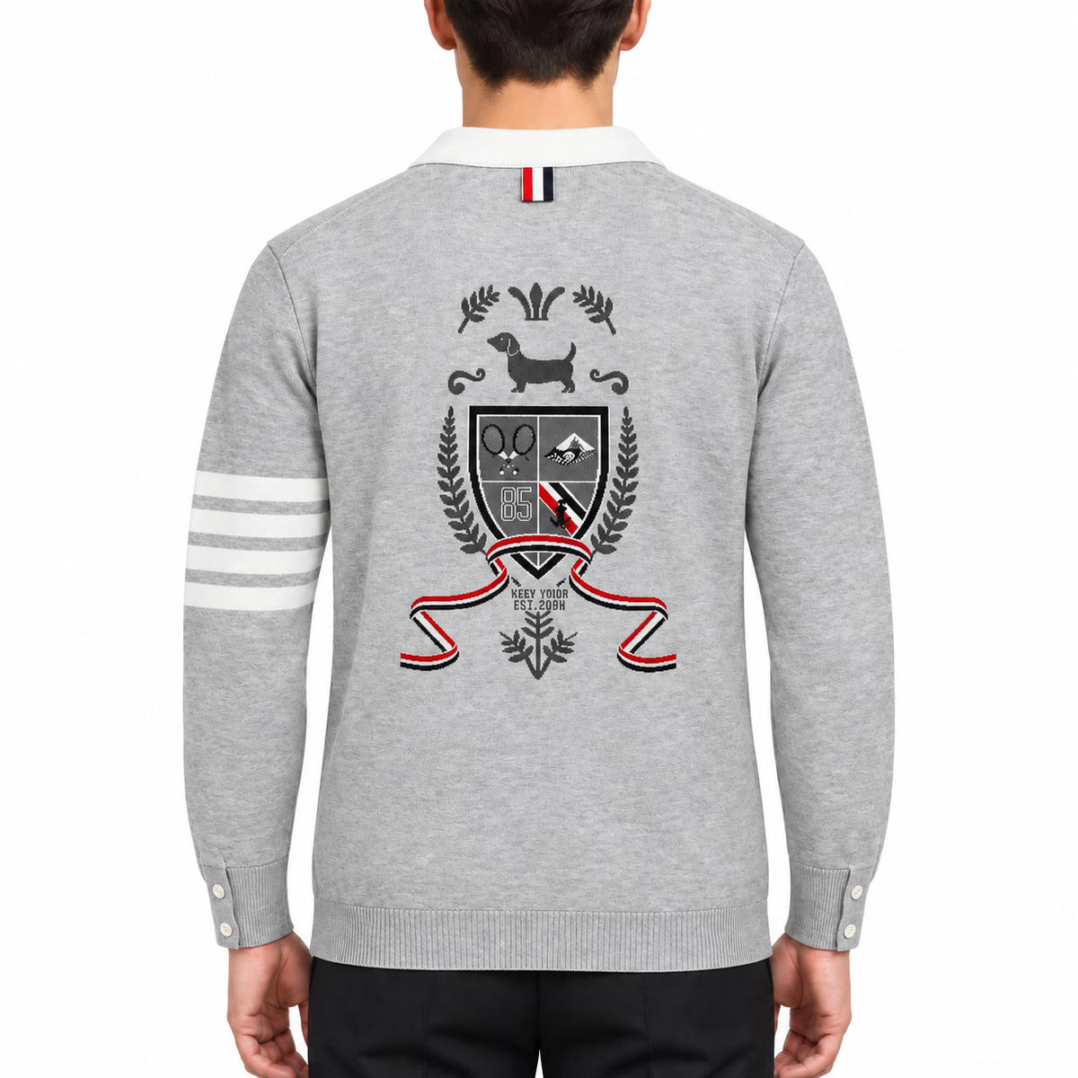 Intarsia Knit Cardigan — Unisex Four-Stripe Badge Sweater | Thom Browne
