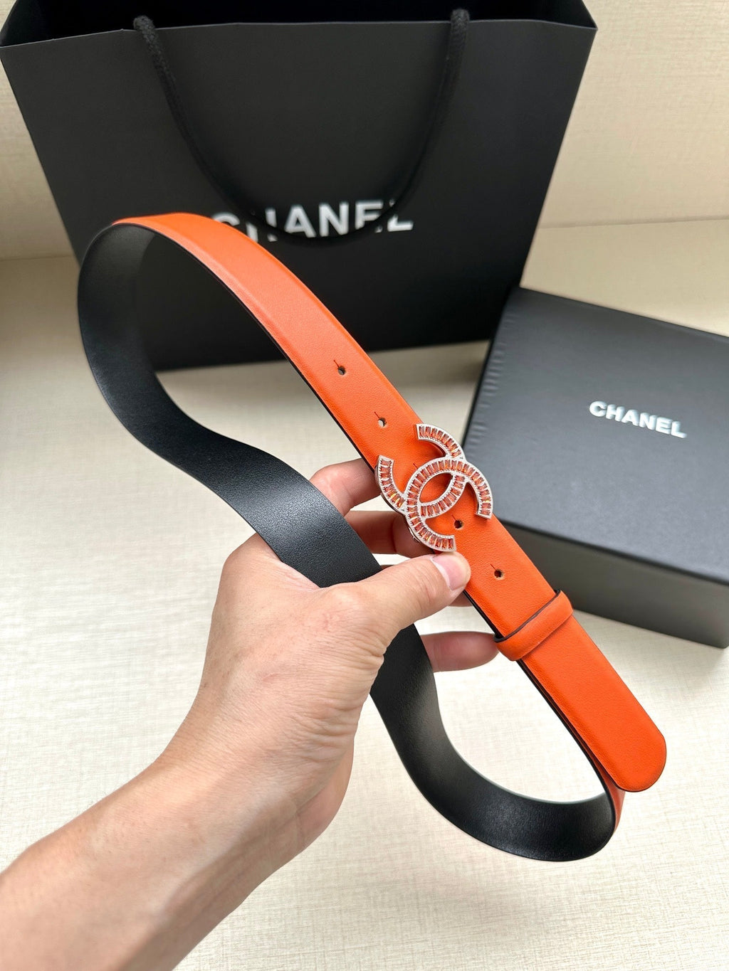 CHANEL 25S BELT 30 MM IN ORANGE CALFSKIN 616965