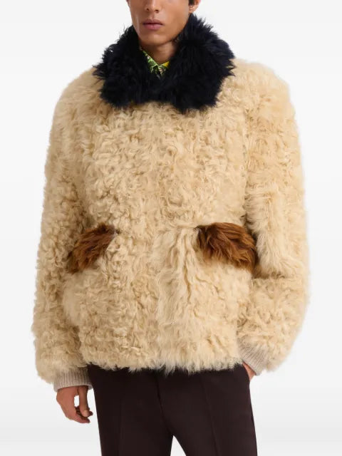 Marni cream shearling-jacket with colour-block details