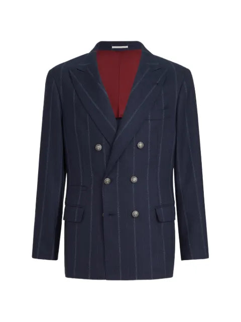 Brunello Cucinelli cashmere and virgin wool multistripe twill one-and-a-half breasted deconstructed blazer with metal buttons