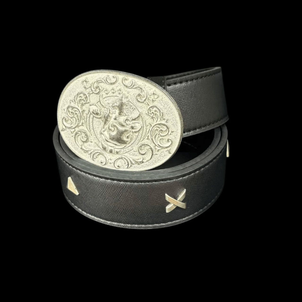 Vintage Cement Gray Bull Belt Metal Studs Full Grain Leather Waist