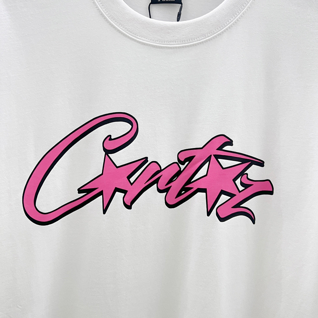 Corteiz CRTZ Script Graffiti Oversized Tee – White/Pink