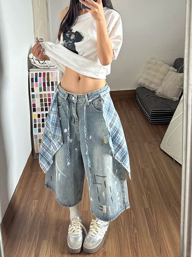 American Retro Plaid Shirt Tail Capri Denim Shorts High Waist Straight