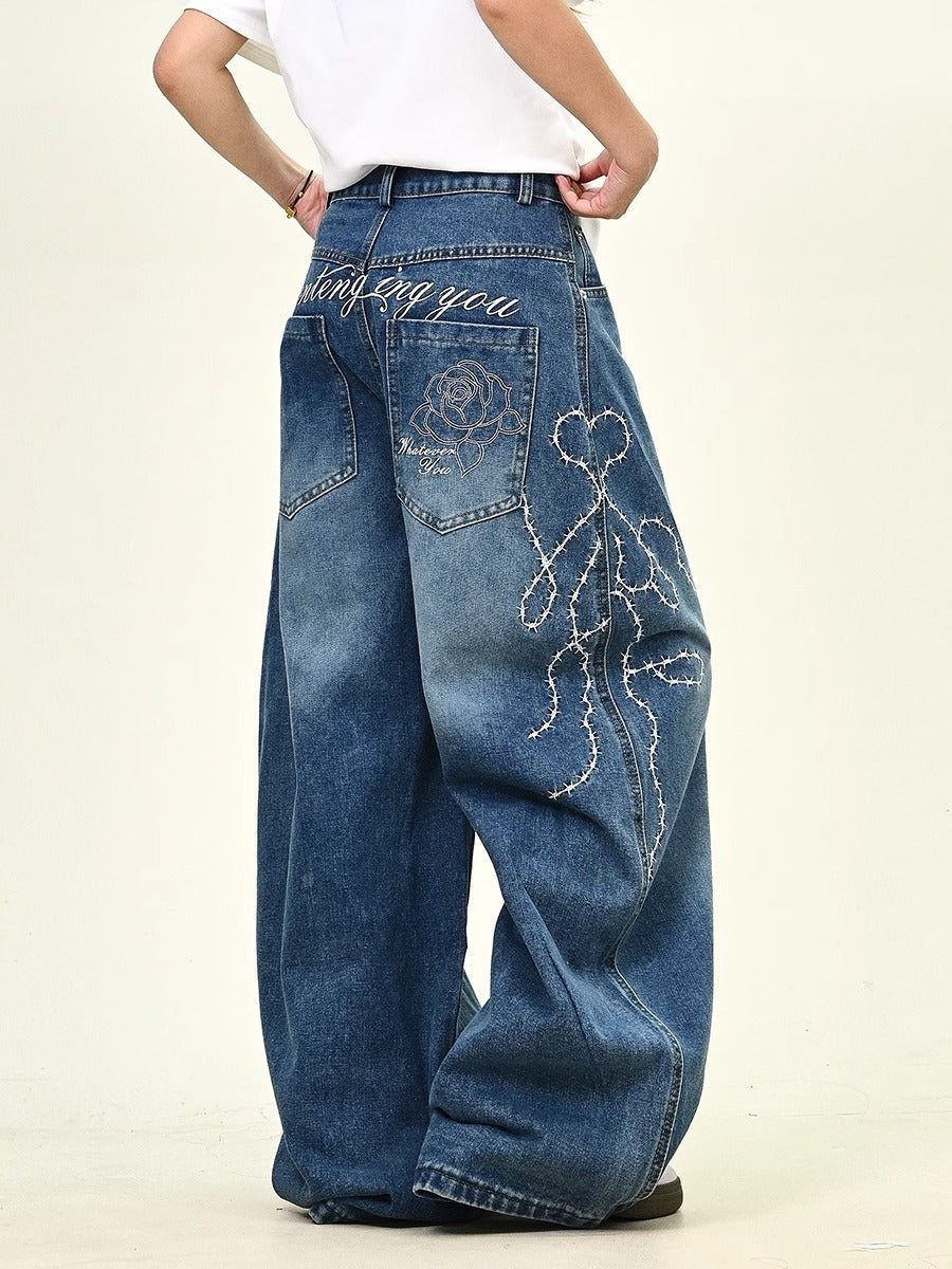 Y2K Vintage Washed Distressed Wide Leg Curved Baggy Jeans Streetwear