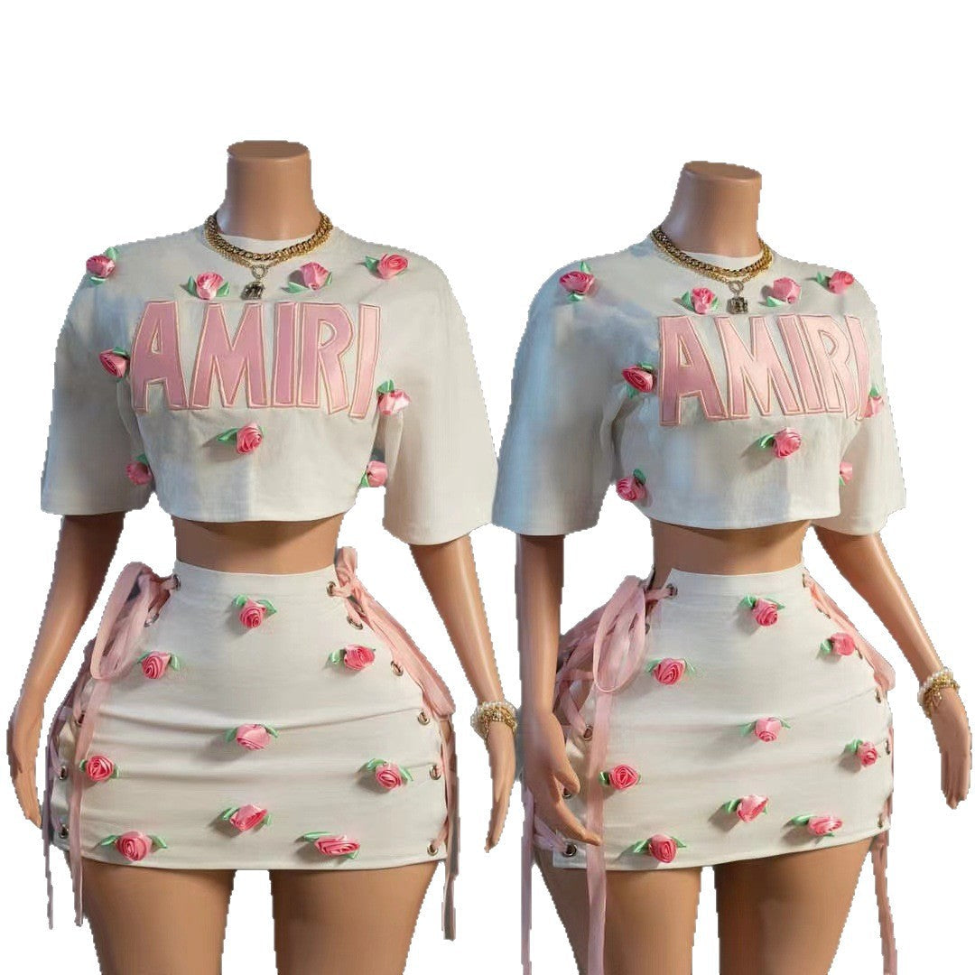 Amiri Letter and 3D Rose Applique Crop Top and Mini Skirt Set Women
