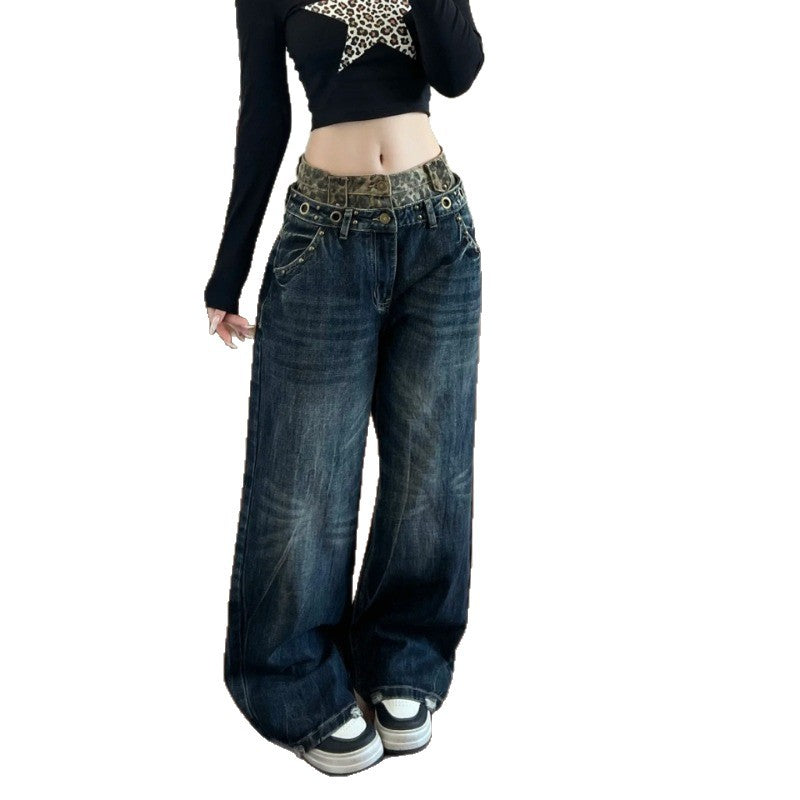 American Vintage Leopard Patchwork High Waist Wide Leg Denim Jeans