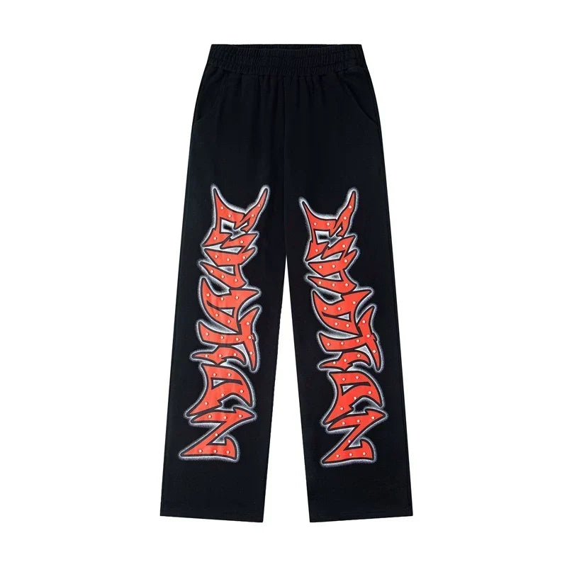 Mixed Emotion Black Red Gothic Graphic Wide Leg Sweatpants
