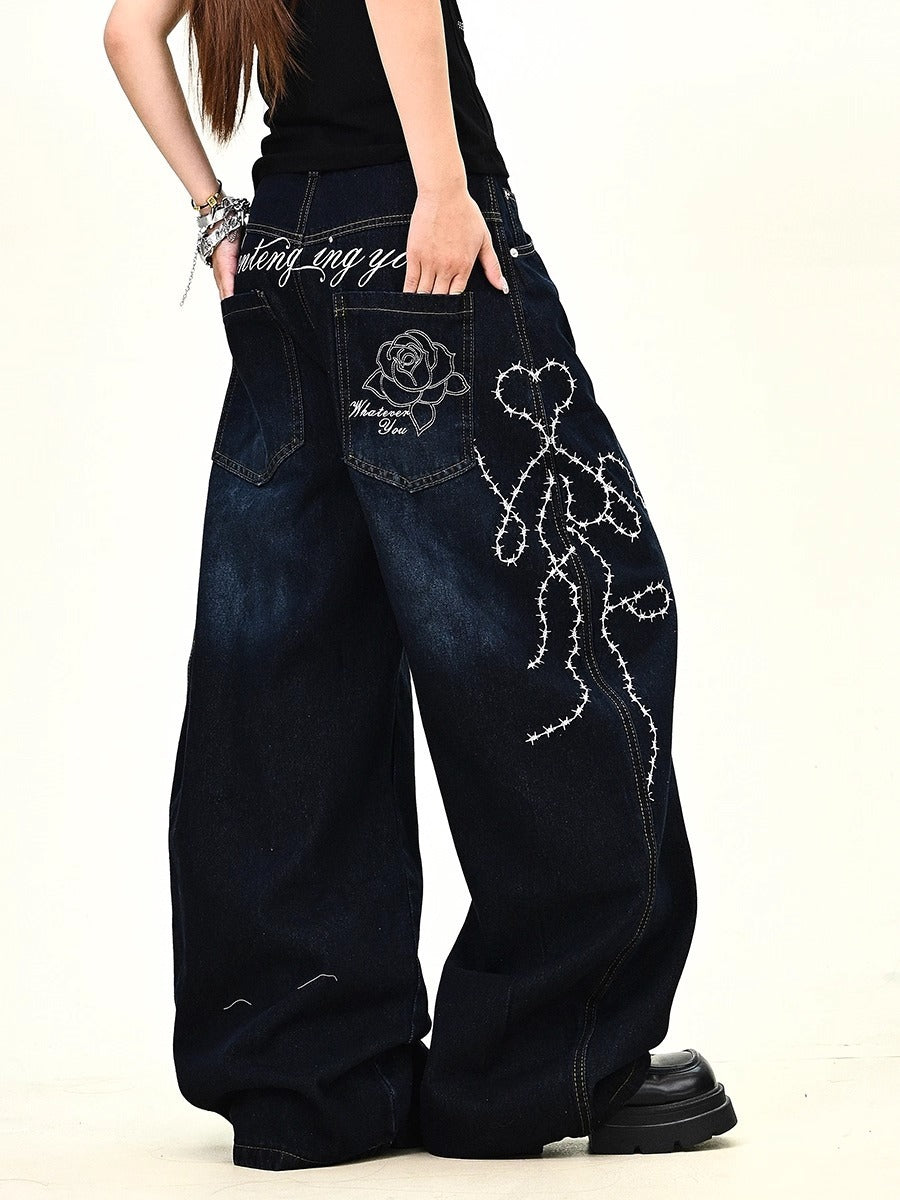 Y2K Vintage Washed Distressed Wide Leg Curved Baggy Jeans Streetwear