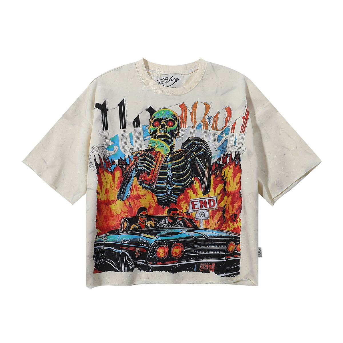 BKYS Revival Rhinestone Skeleton Car Cropped T-Shirt