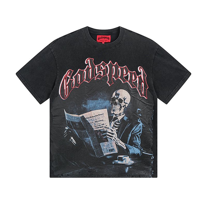 Godspeed Washed Black Skull Newspaper Graphic Short-Sleeve T-Shirt