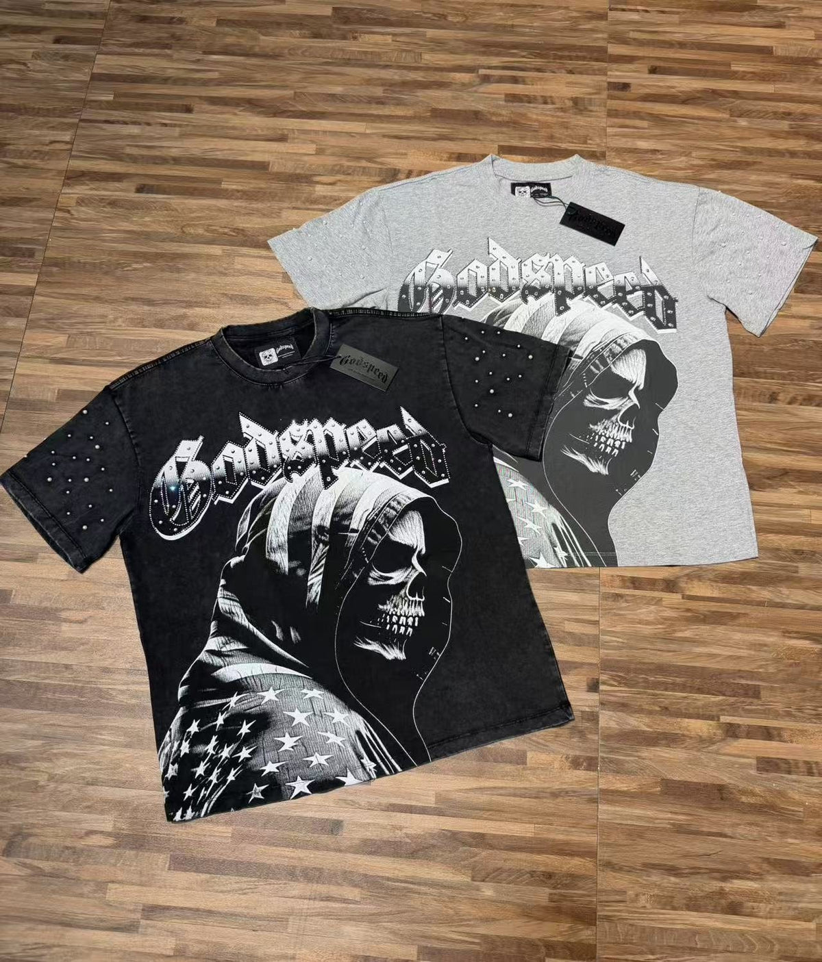 Godspeed Hooded Skull Graphic Studded-Sleeve T-Shirt