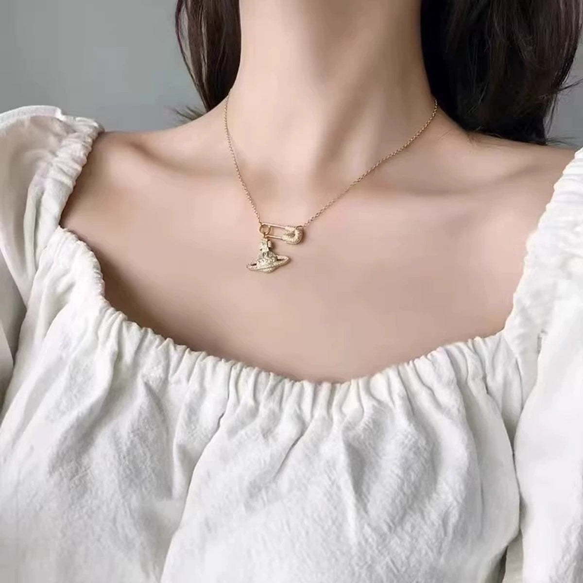 Vivienne Westwood Style Openwork Safety Pin Orb Necklace