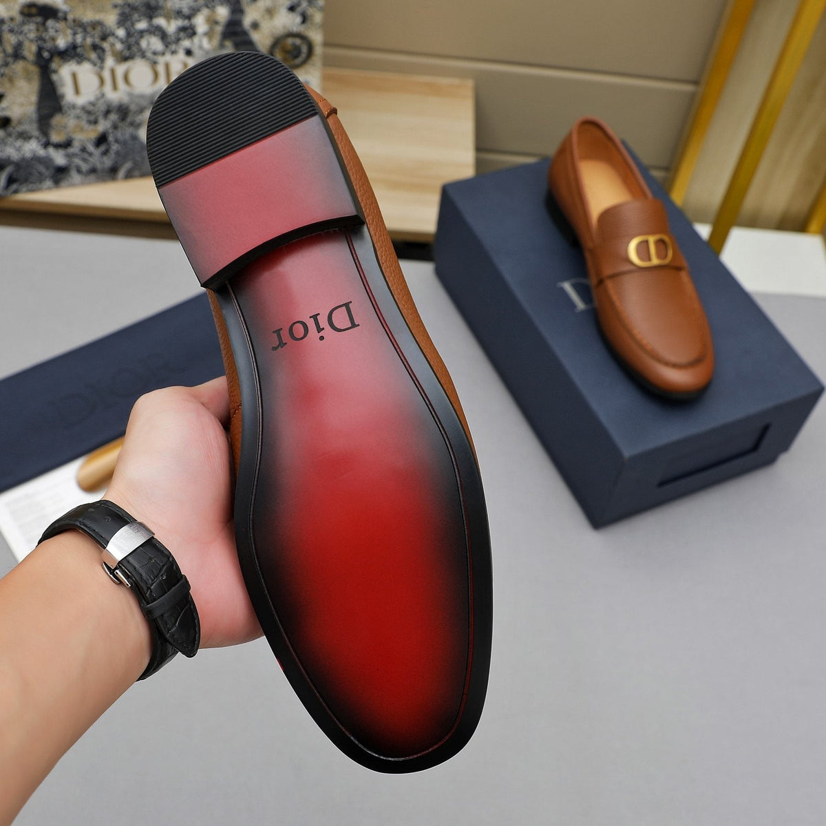 Dior Cognac Brown Pebbled Men's Loafers
