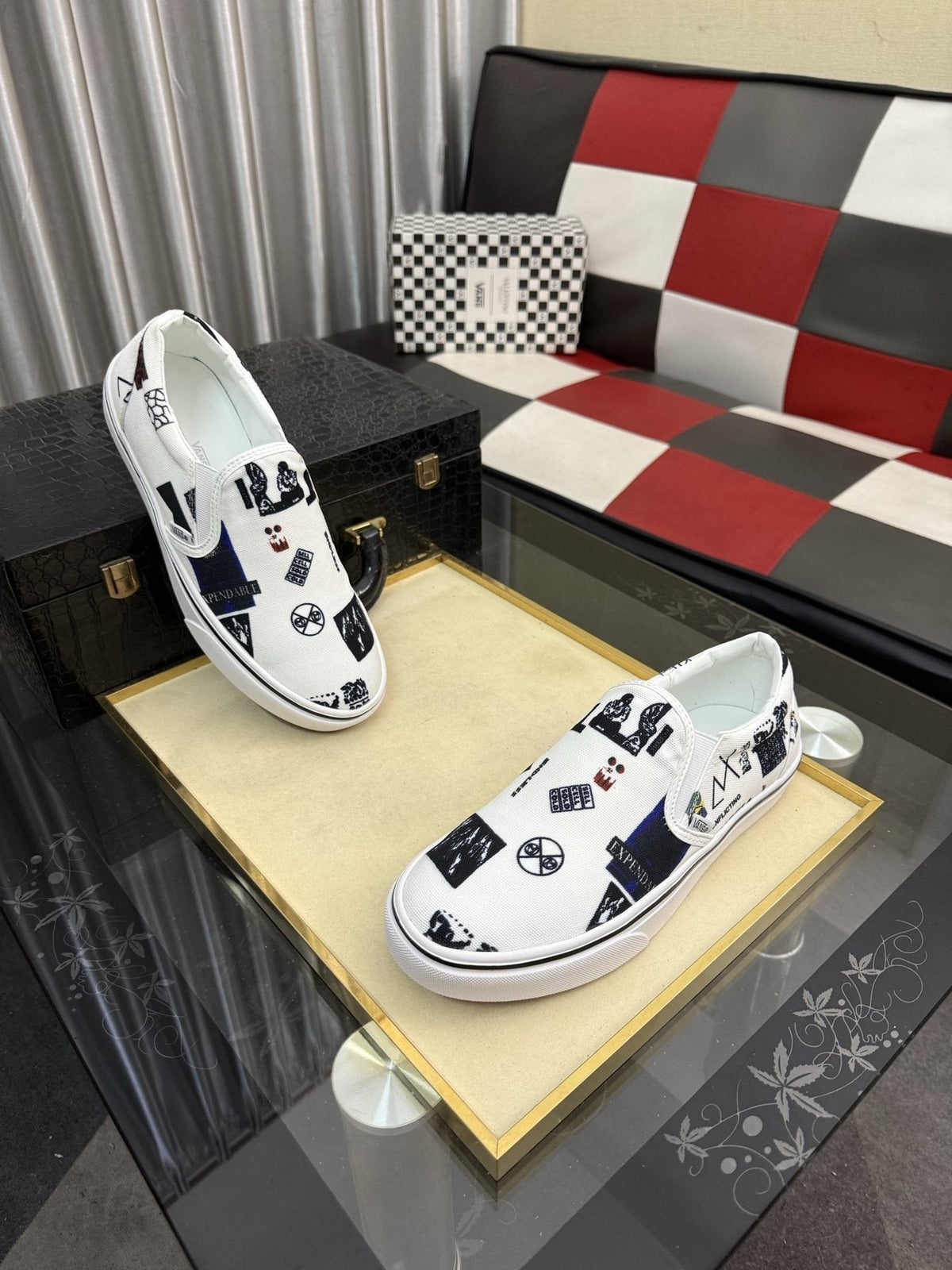 White Graphic Print Slip-On Shoes