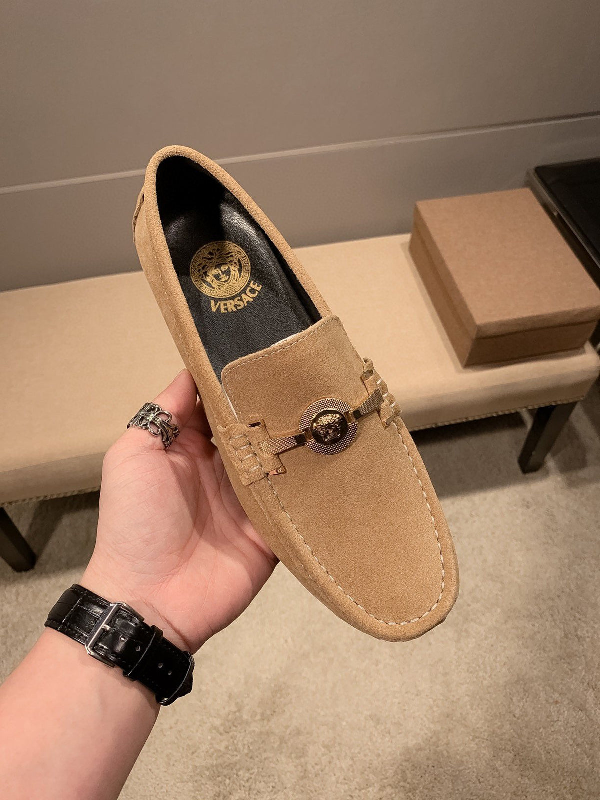 Versace Tan Hardware Loafers
