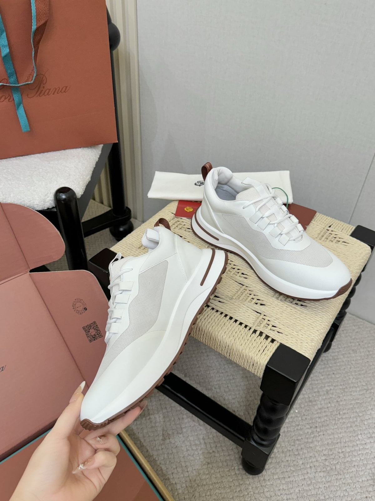Loro Piana White and Gray Low-Top Sneakers