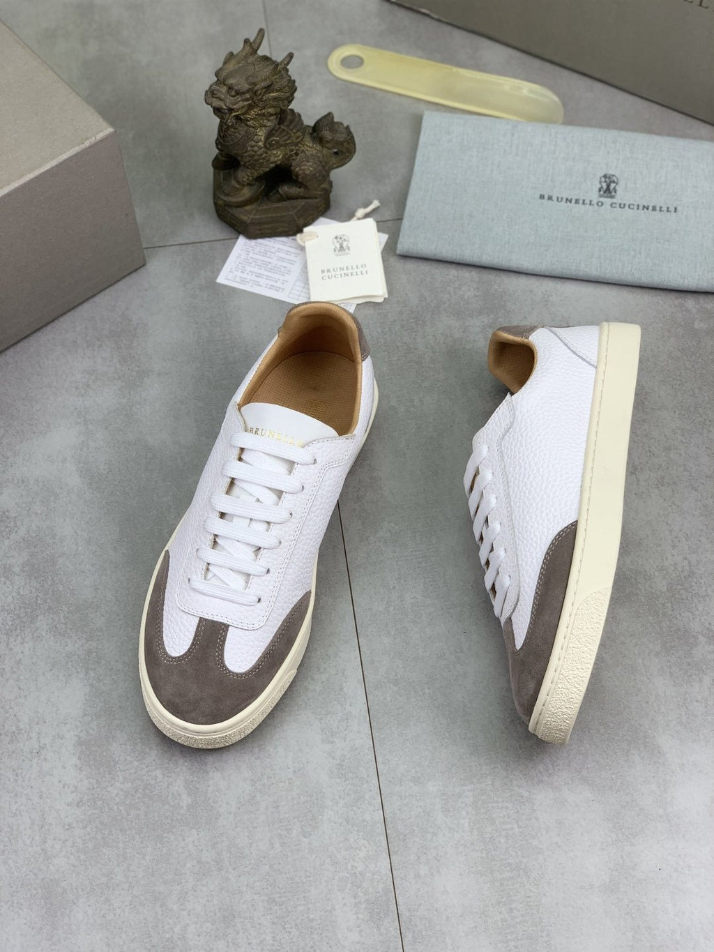 Brunello Cucinelli White and Taupe Low-Top Sneakers