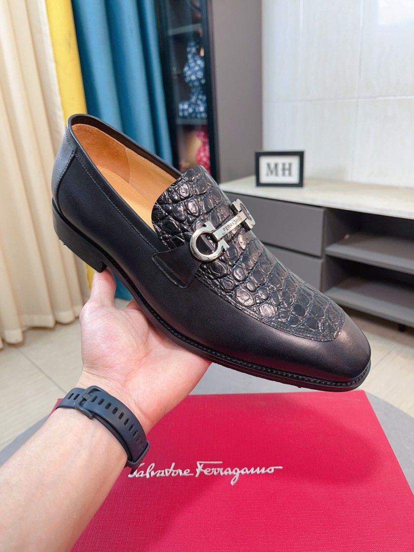 Ferragamo Black Embossed Buckle Dress Shoes