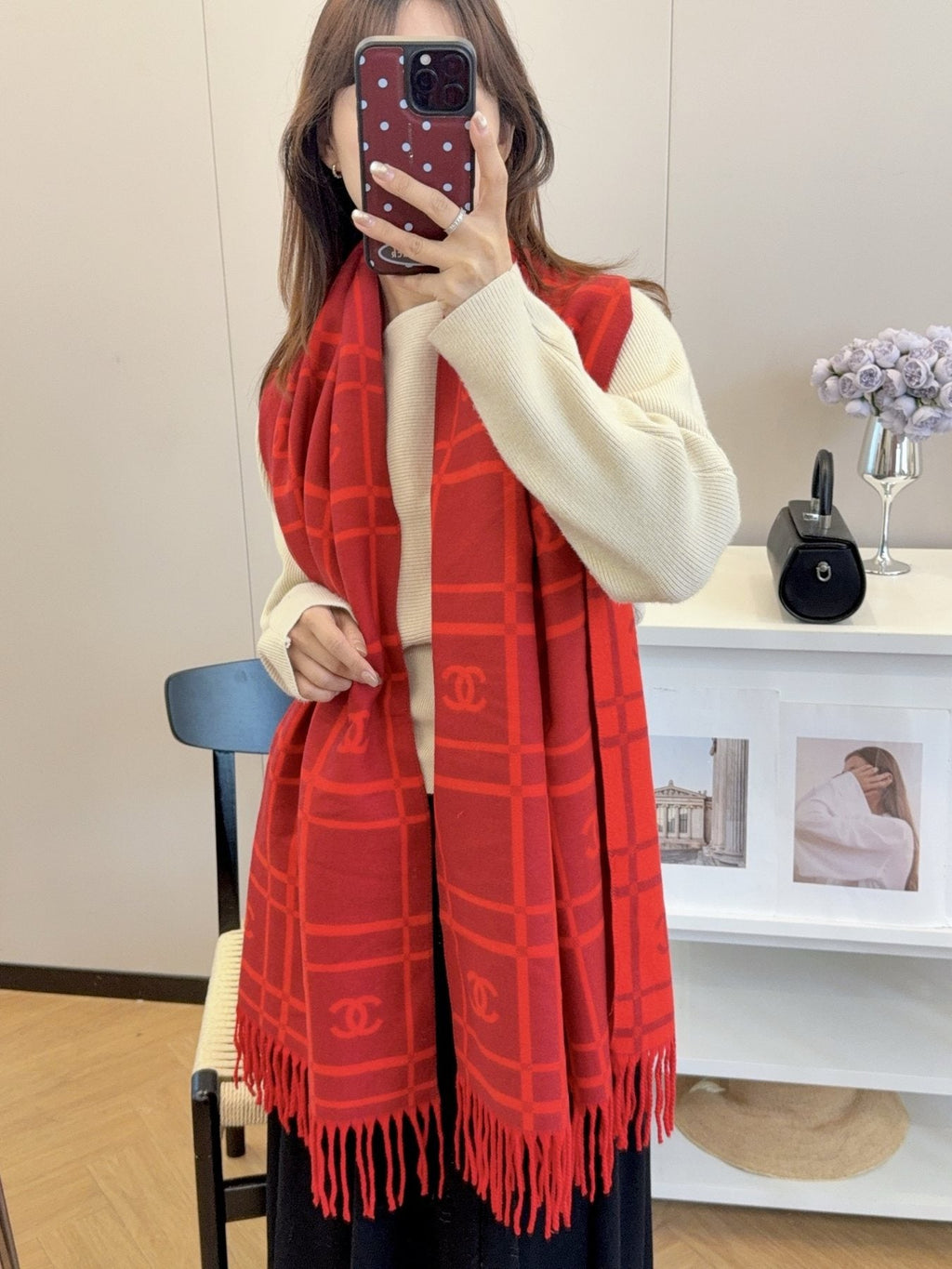 Chanel Burgundy Red Logo Check Scarf