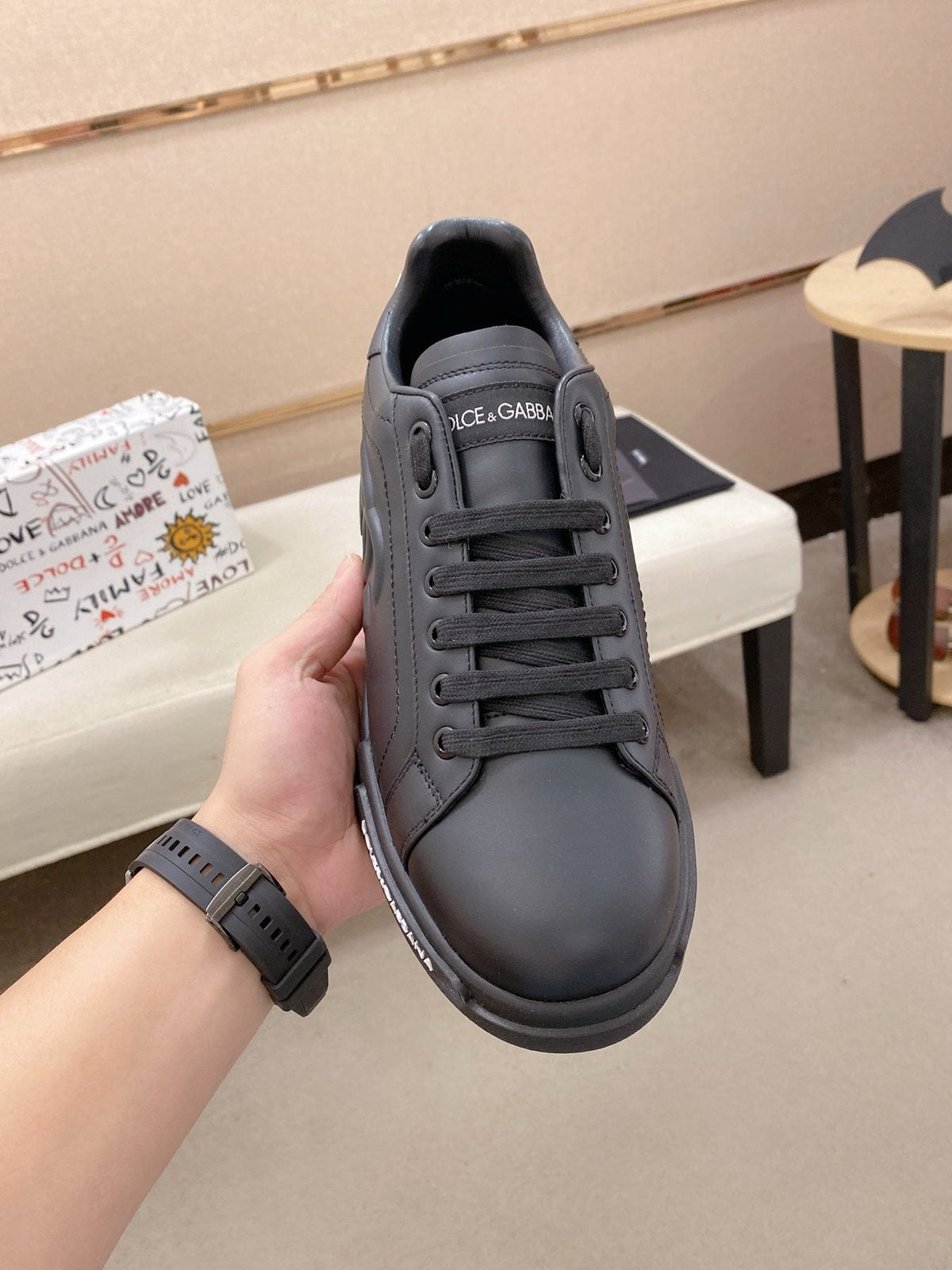 Dolce & Gabbana Men's Black Logo Low-Top Sneakers - Black Tonal Design