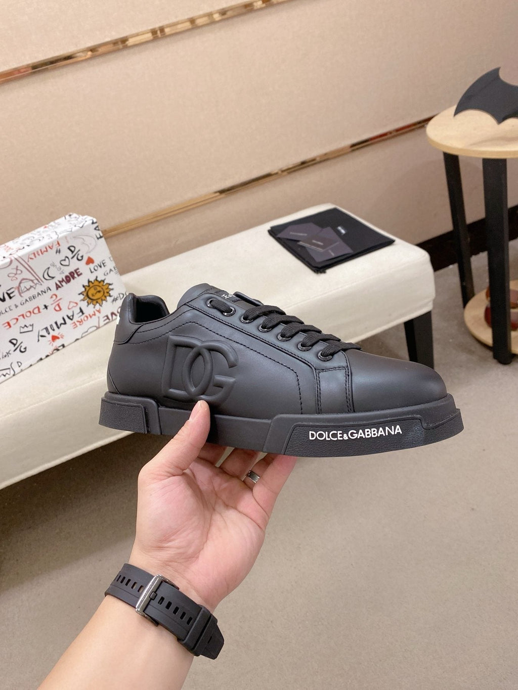 Dolce & Gabbana Men's Black Logo Low-Top Sneakers - Black Tonal Design