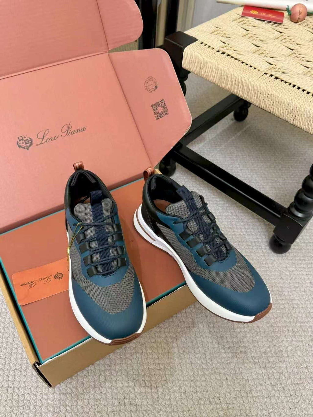 Loro Piana Navy Blue Teal Low-Top Sneakers