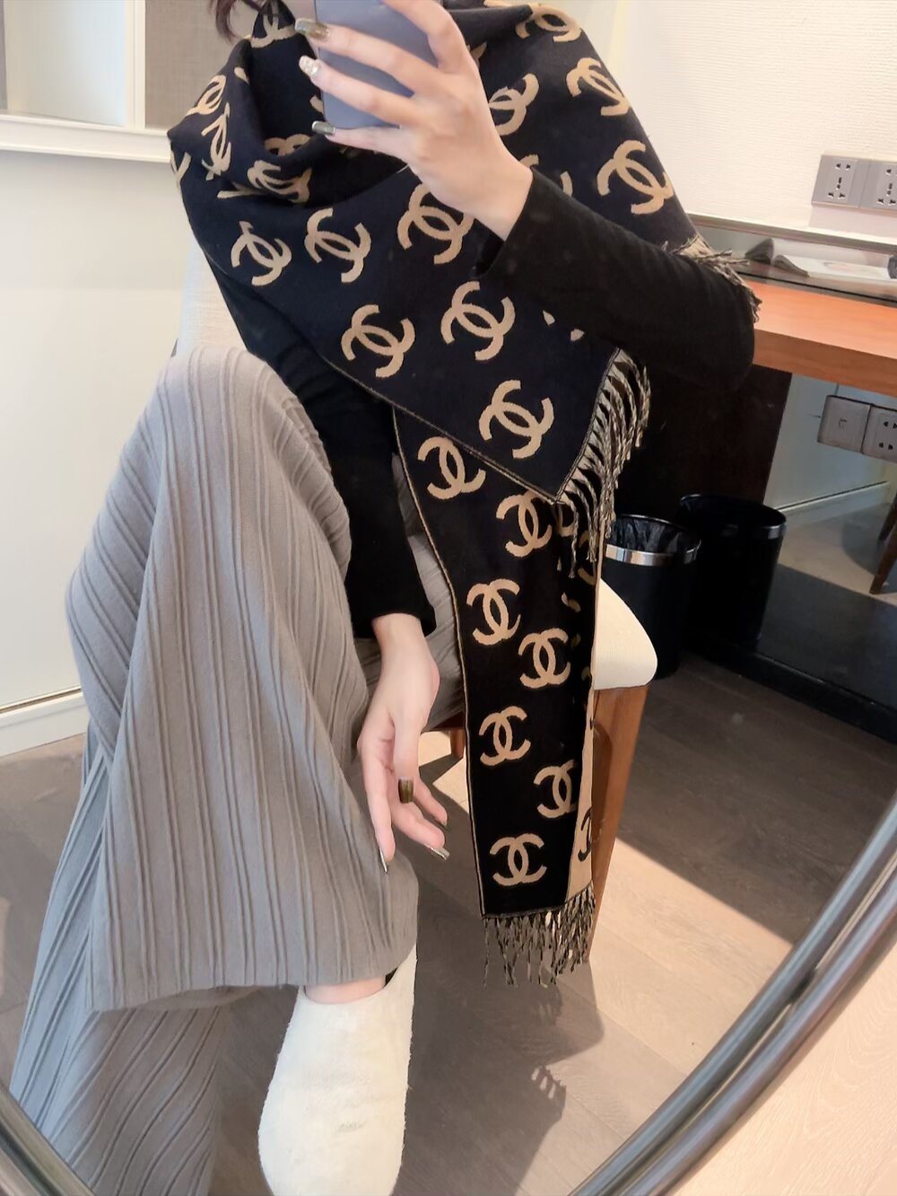 Chanel Two-Tone Fringed Scarf