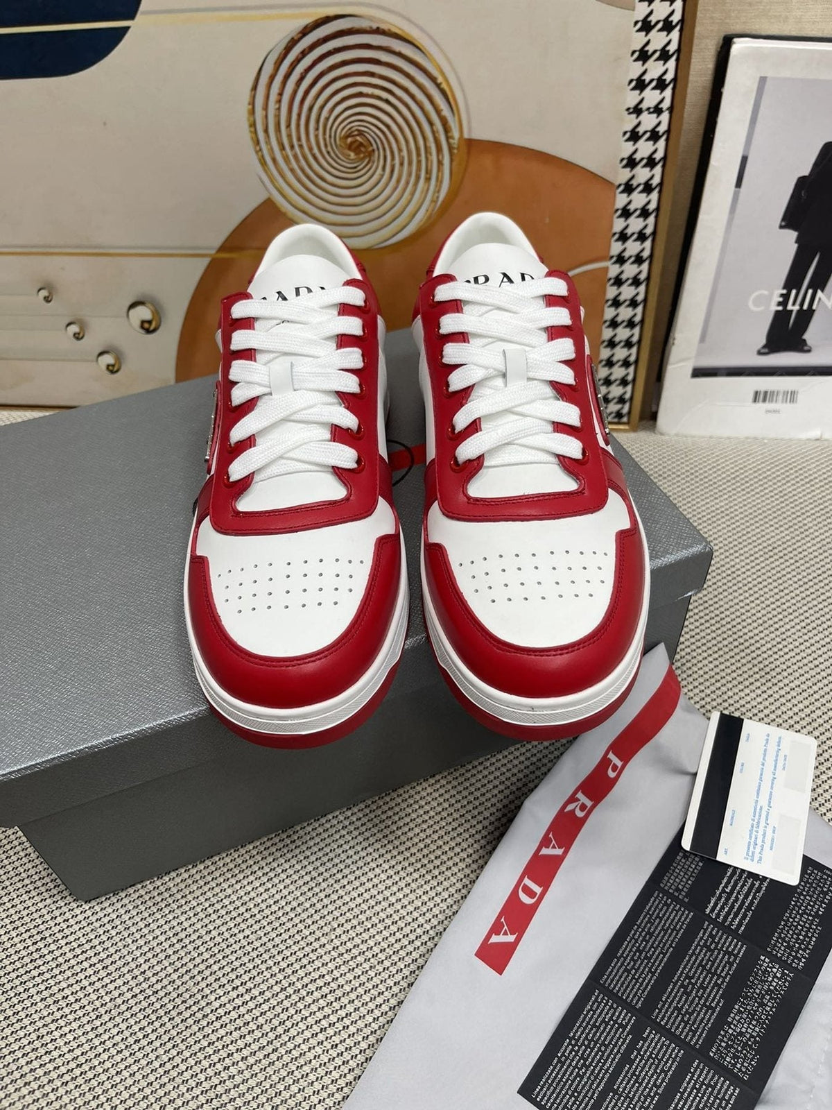 Prada Red and White Low-Top Sneakers