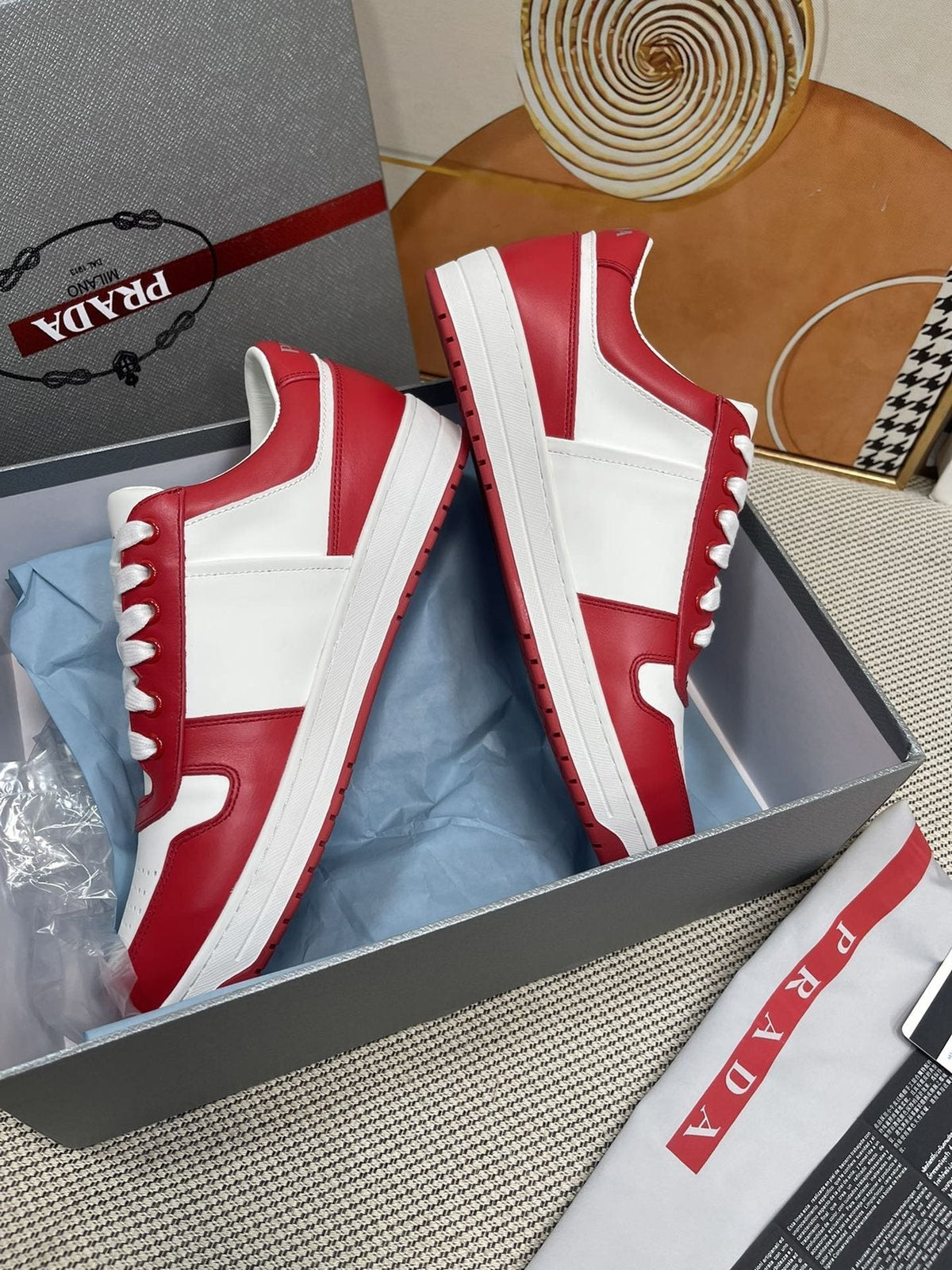 Prada Red and White Low-Top Sneakers
