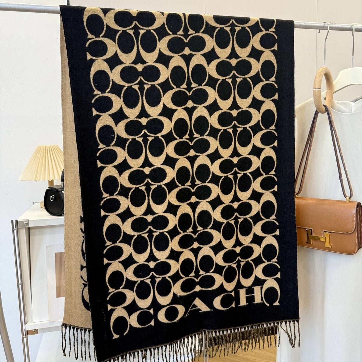 Coach Patterned Fringed Scarf