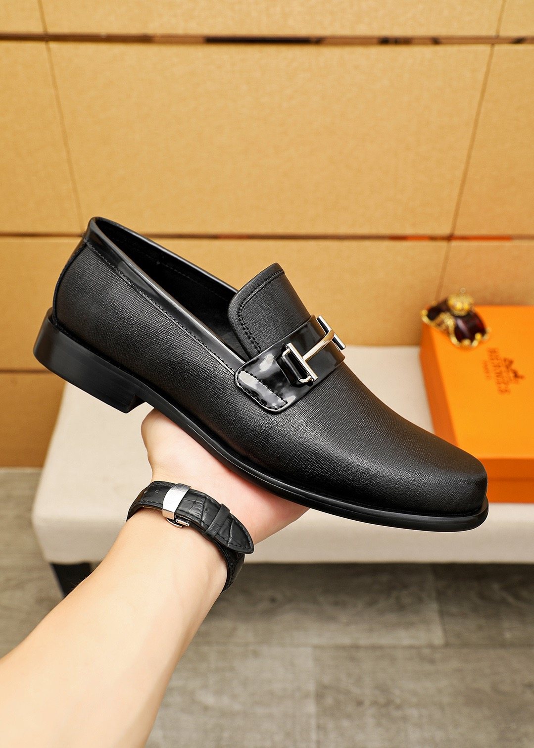 Hermès Black Hardware Slip-On Loafers