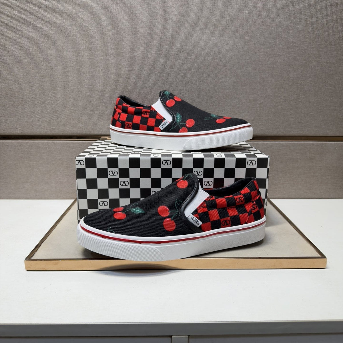 Vans Men's Cherry Checkerboard Slip-On Shoes - Black, Red & White