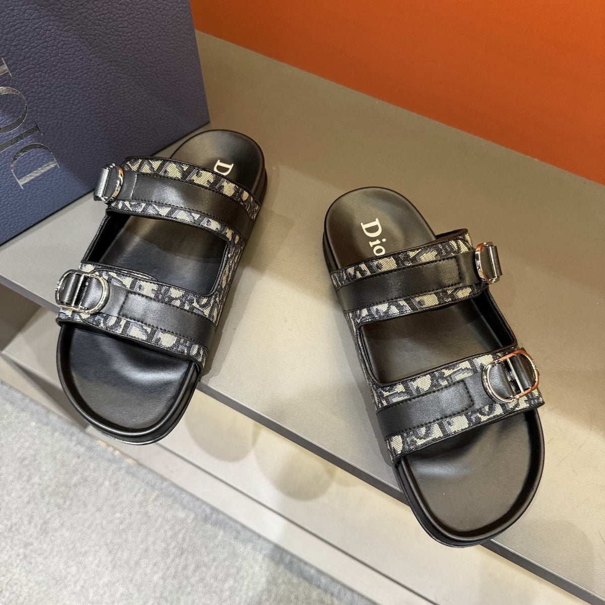 Dior Patterned Buckle Slide Sandals - Double Buckles