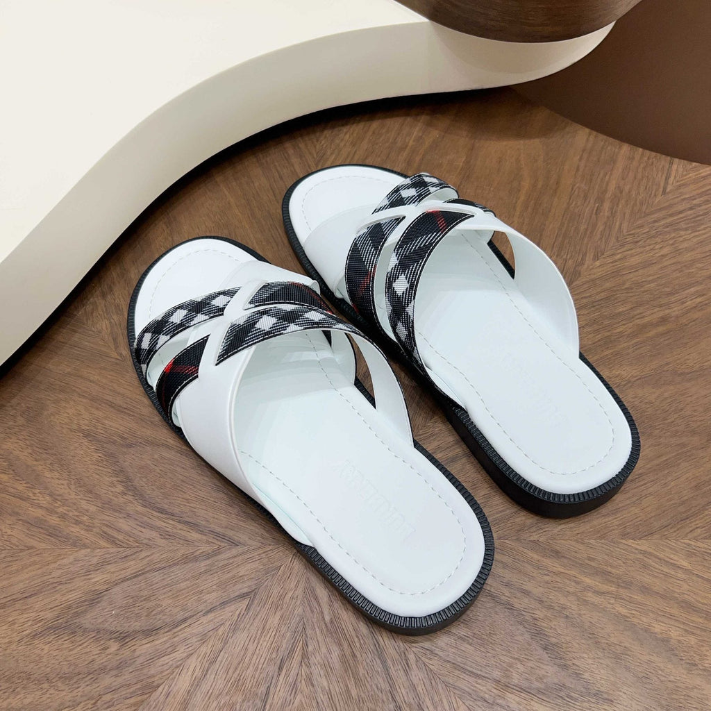 Burberry Plaid Cross-Strap Slide Sandals - Contoured Footbed