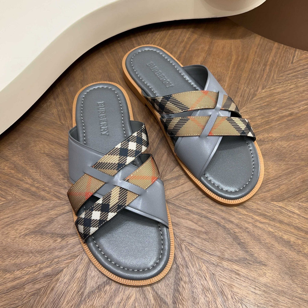 Burberry Plaid Cross-Strap Slide Sandals - Contoured Footbed