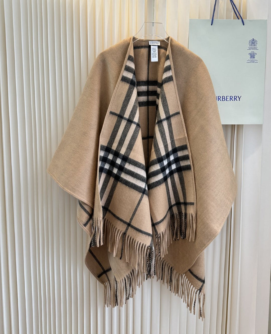 Black and Beige Plaid Fringed Poncho