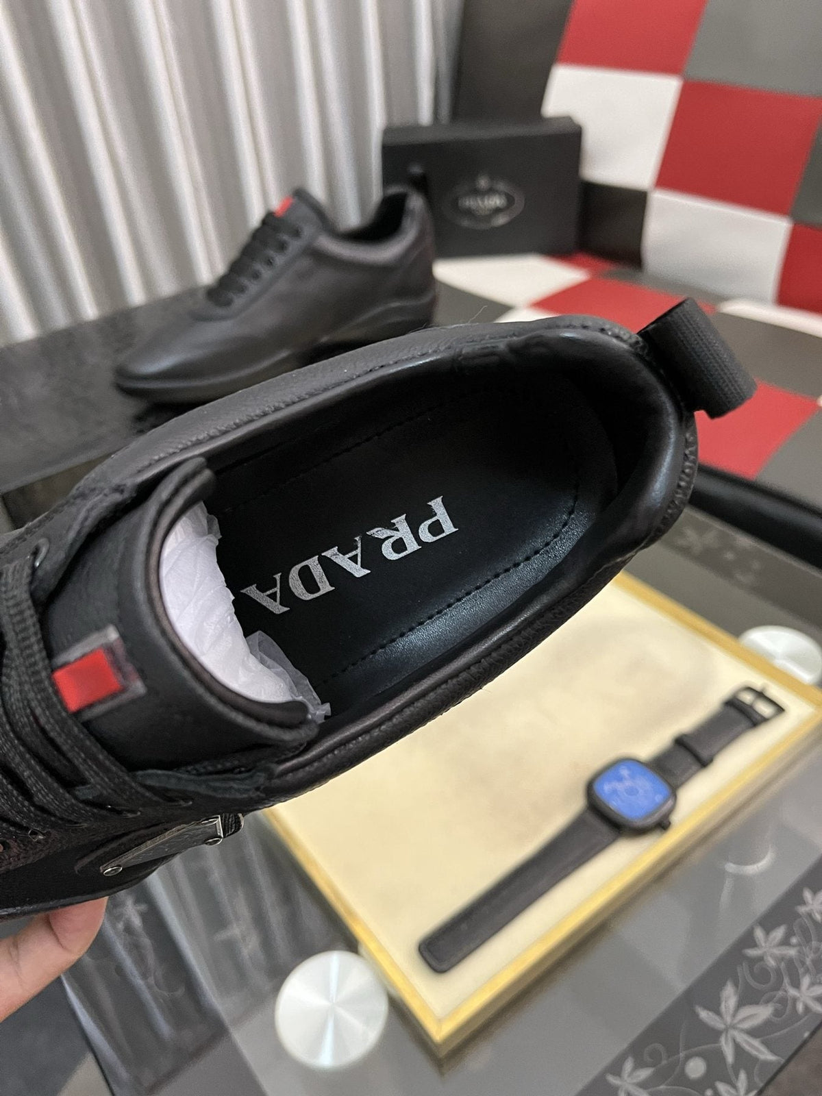 Prada Black Lace-Up Sneakers with Red Tab