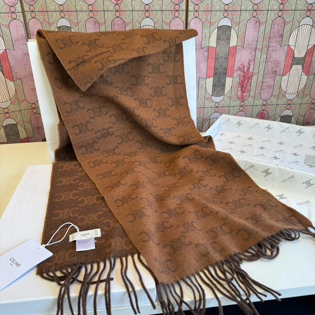 Celine Brown Patterned Fringed Scarf