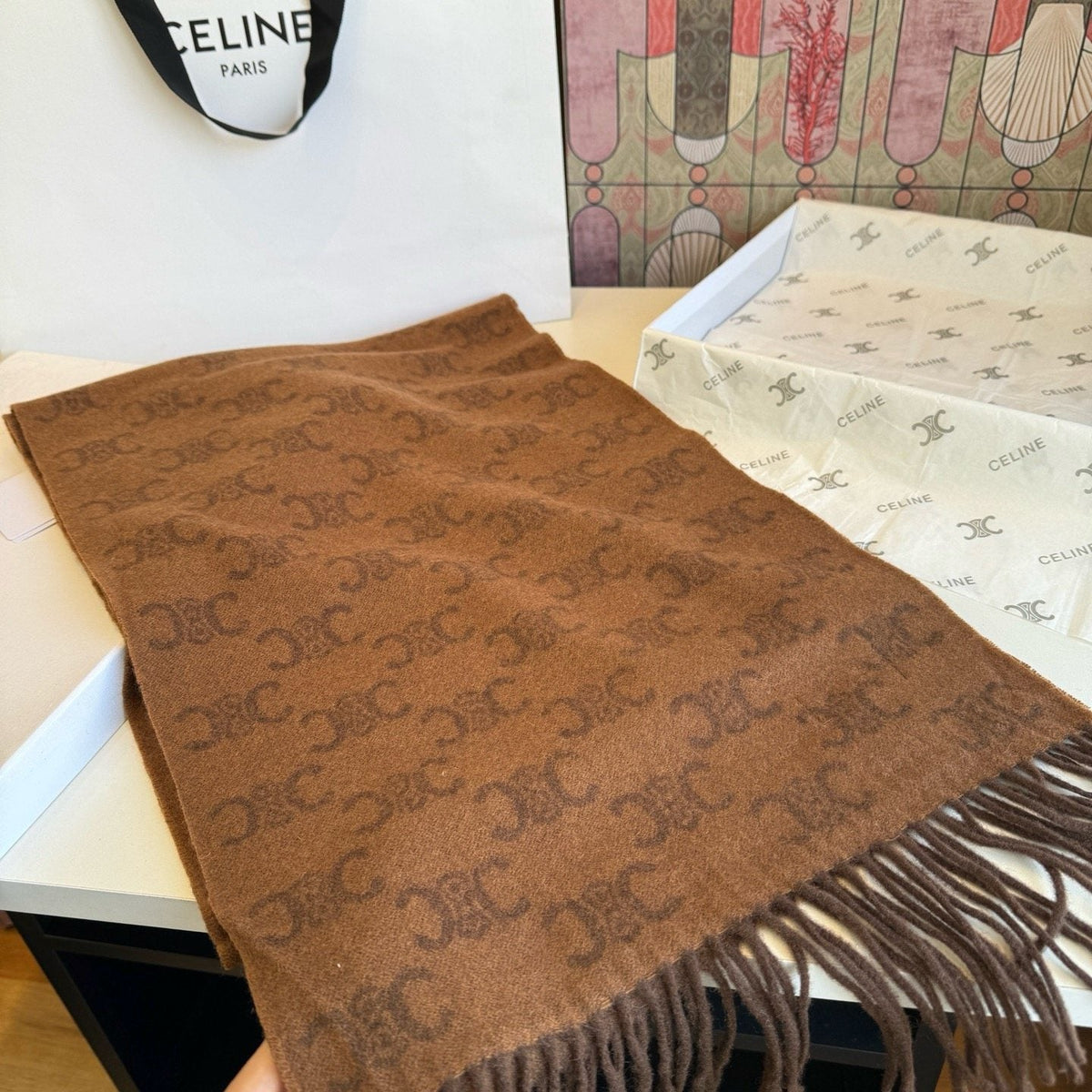 Celine Brown Patterned Fringed Scarf