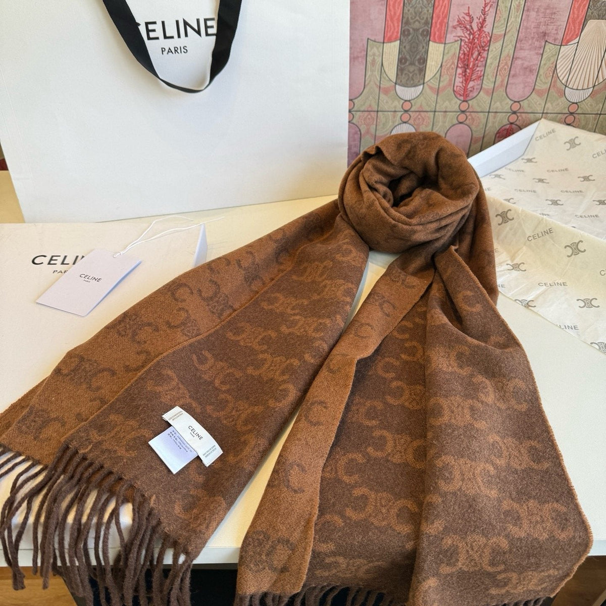 Celine Brown Patterned Fringed Scarf