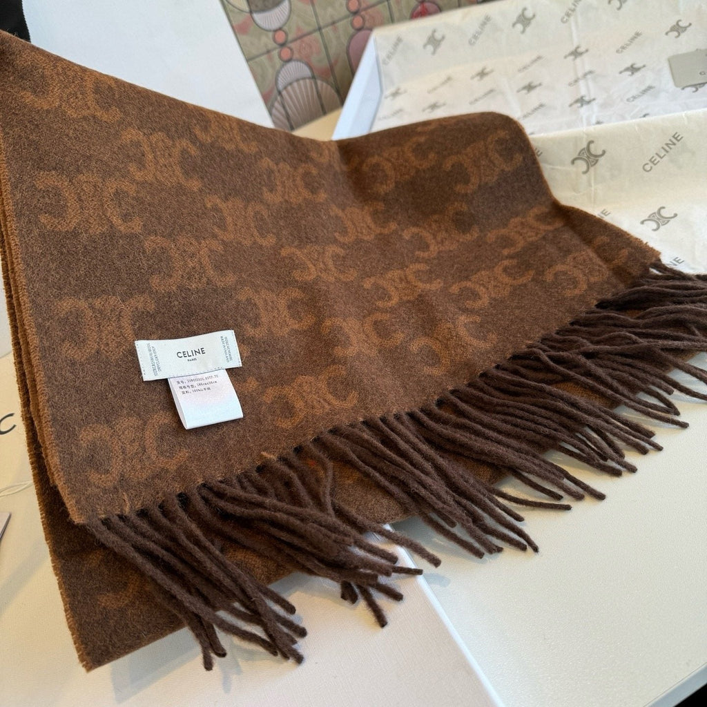 Celine Brown Patterned Fringed Scarf