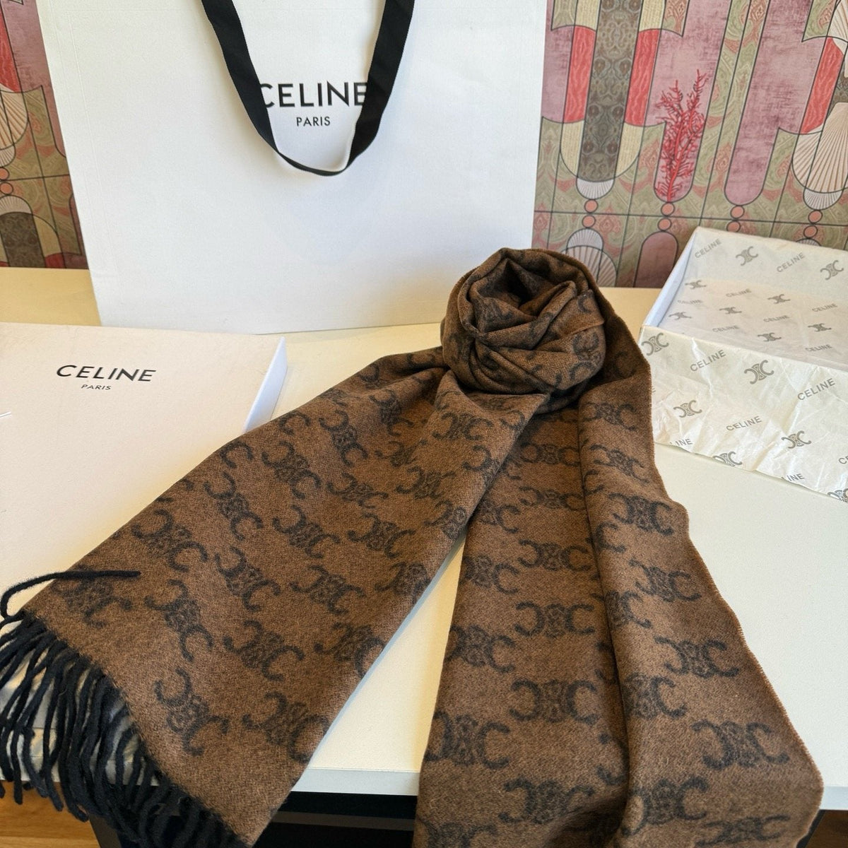 Celine Brown Patterned Fringed Scarf