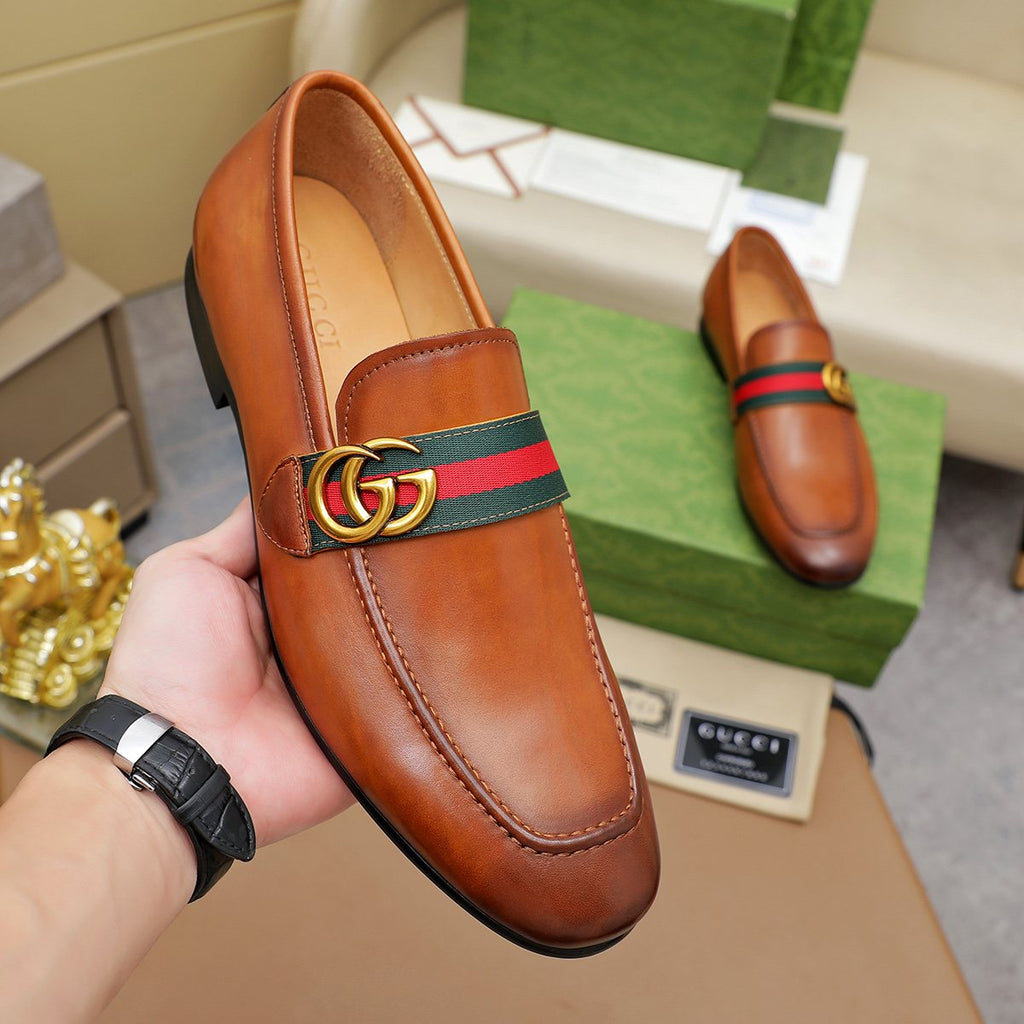 Gucci Striped-Strap Apron-Toe Loafers
