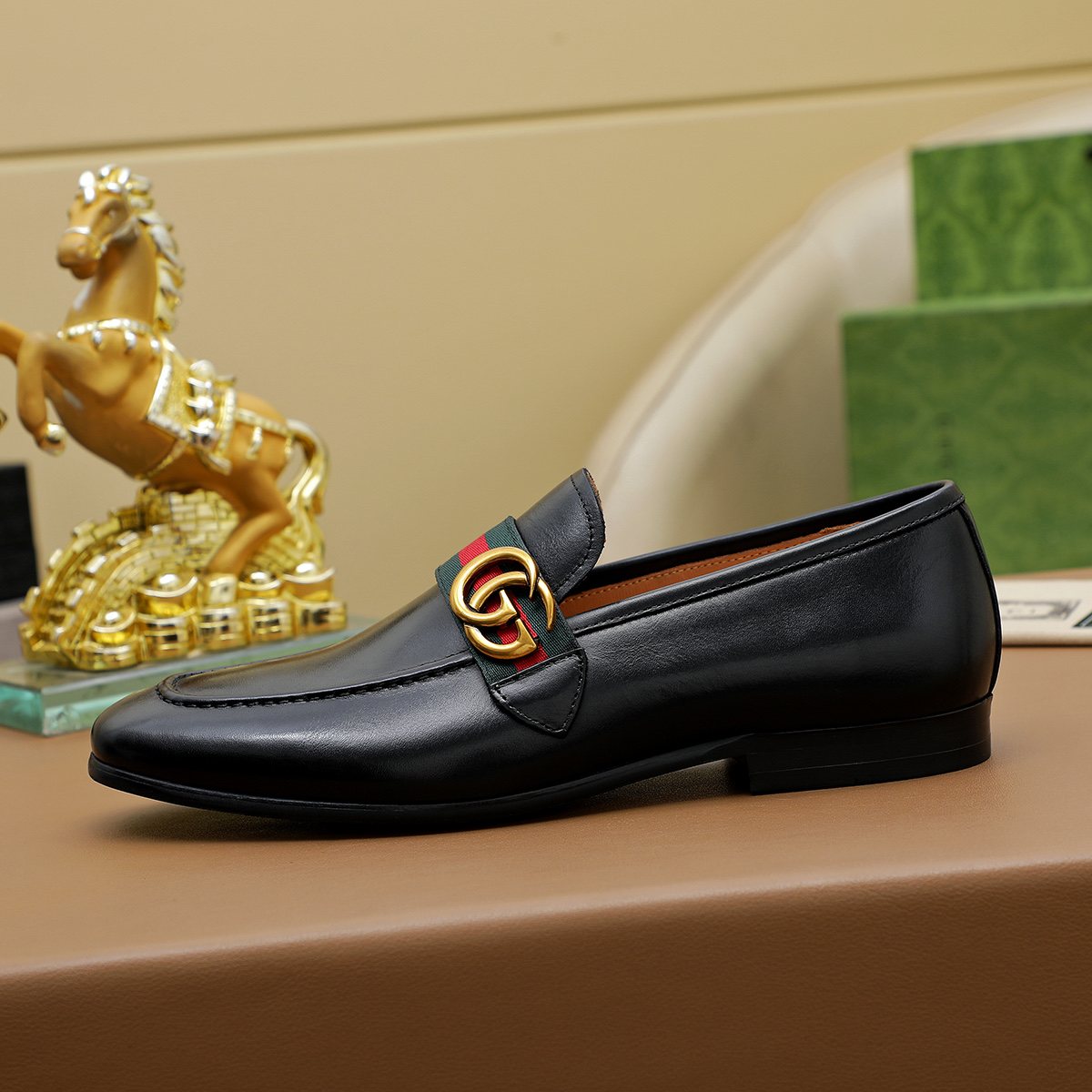 Gucci Striped-Strap Apron-Toe Loafers