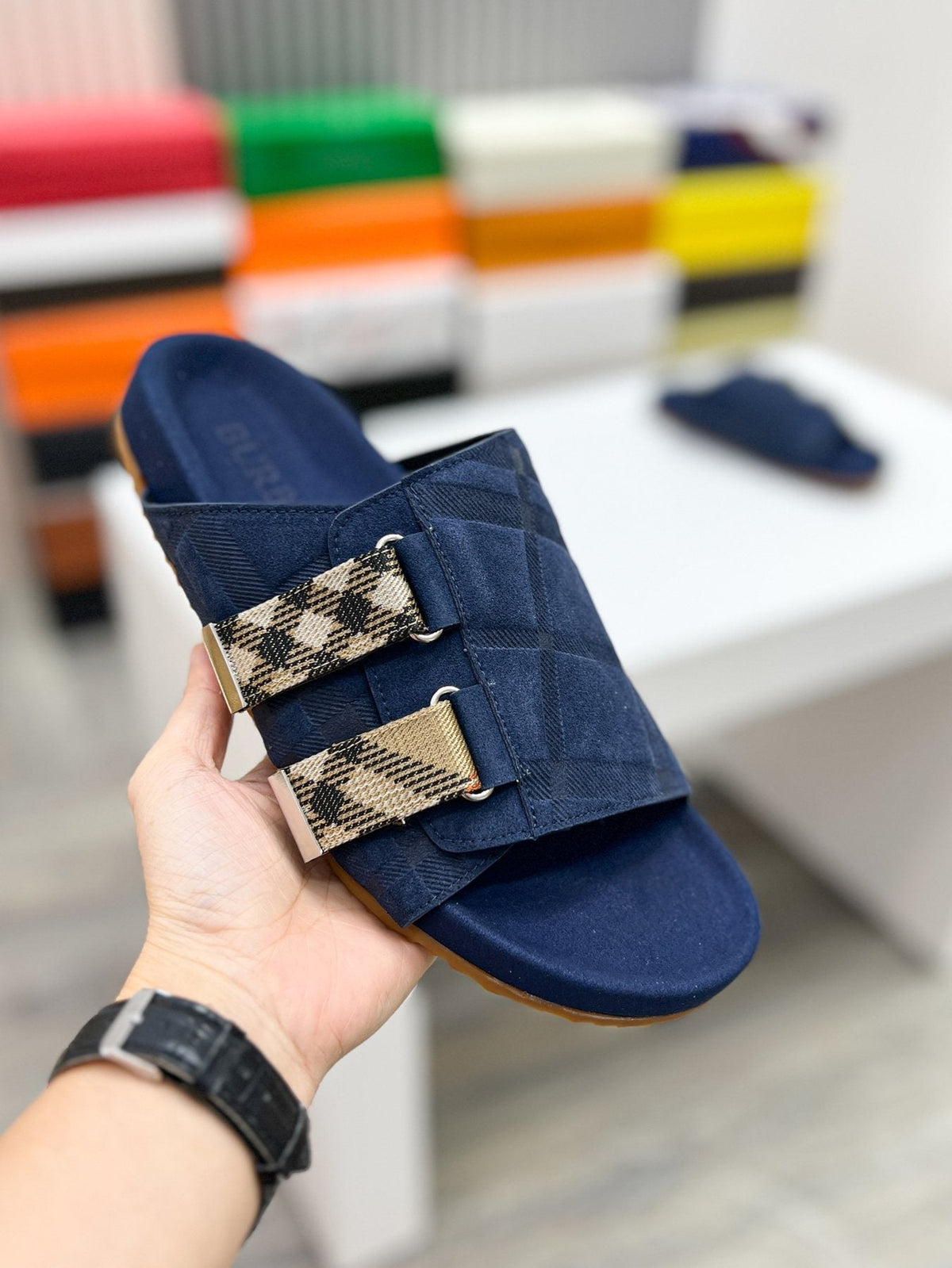 Burberry Navy Check Buckle Slide Sandals